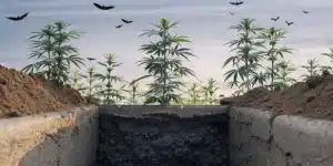 Two young plants growing in reddish-brown soil with bat silhouettes flying against an orange sunset sky.