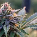 Close-up of a Blueberry bud with rich blue hues and frosty trichomes on a contrasting backdrop.