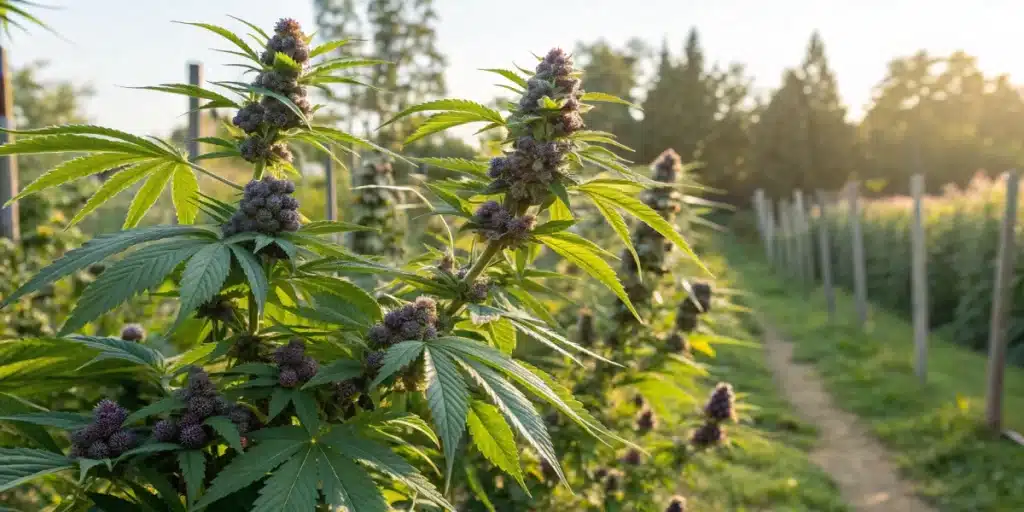 Outdoor garden with mature Blueberry plants bathed in sunlight, lush foliage, and vibrant berry-colored buds.
