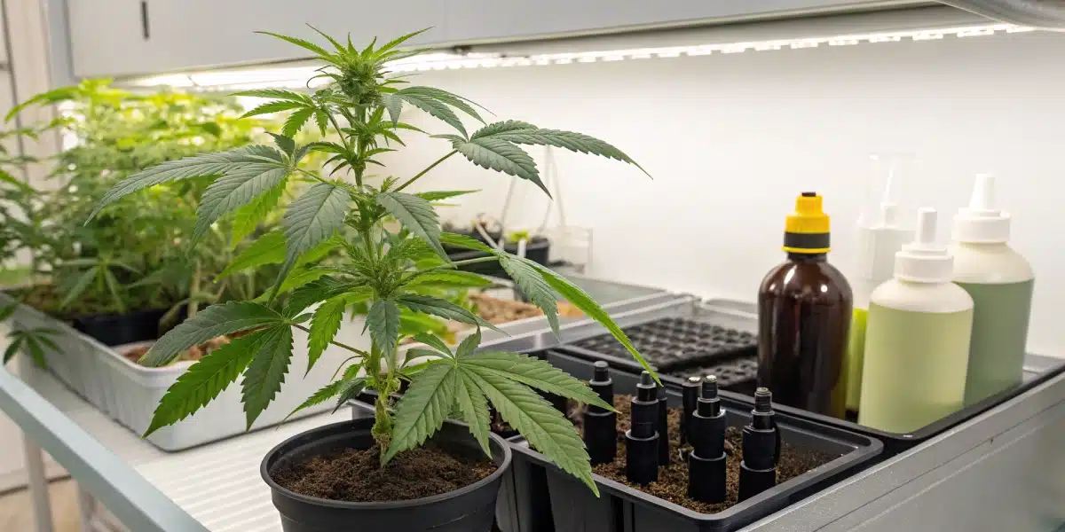 Nutrient management setup for CBD Purple Kush Auto with fertilizers and tools next to a growing plant.