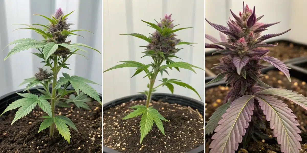 Time-lapse collage showing the stages of CBD Purple Kush Auto growth from seedling to flowering plant.