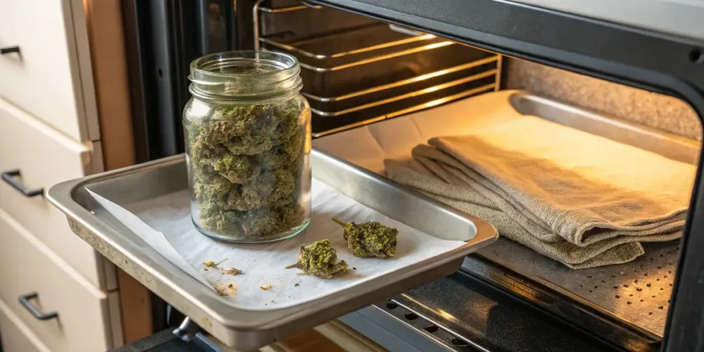 Glass jar of cannabis buds on a baking sheet, being placed into an open oven.