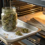 Glass jar of cannabis buds on a baking sheet, being placed into an open oven.
