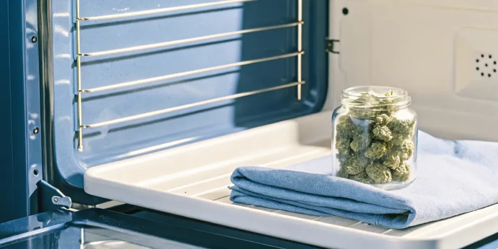 Glass jar of cannabis buds on a blue towel inside a clean, open oven.