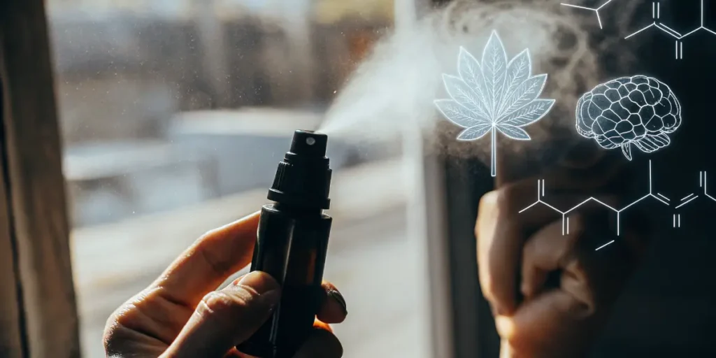 Hyper-realistic illustration showing a hand spraying mist from a bottle, with glowing cannabis leaf, brain, and chemical structures.