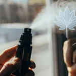 Hyper-realistic illustration showing a hand spraying mist from a bottle, with glowing cannabis leaf, brain, and chemical structures.