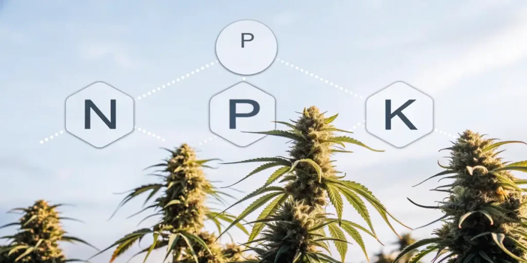 Digital illustration: cannabis plants with a floating NPK (Nitrogen, Phosphorus, Potassium) nutrient diagram.