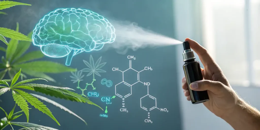 Hyper-realistic illustration showing a hand spraying mist from a bottle, with a glowing human brain, chemical structures, and cannabis leaves in the background.