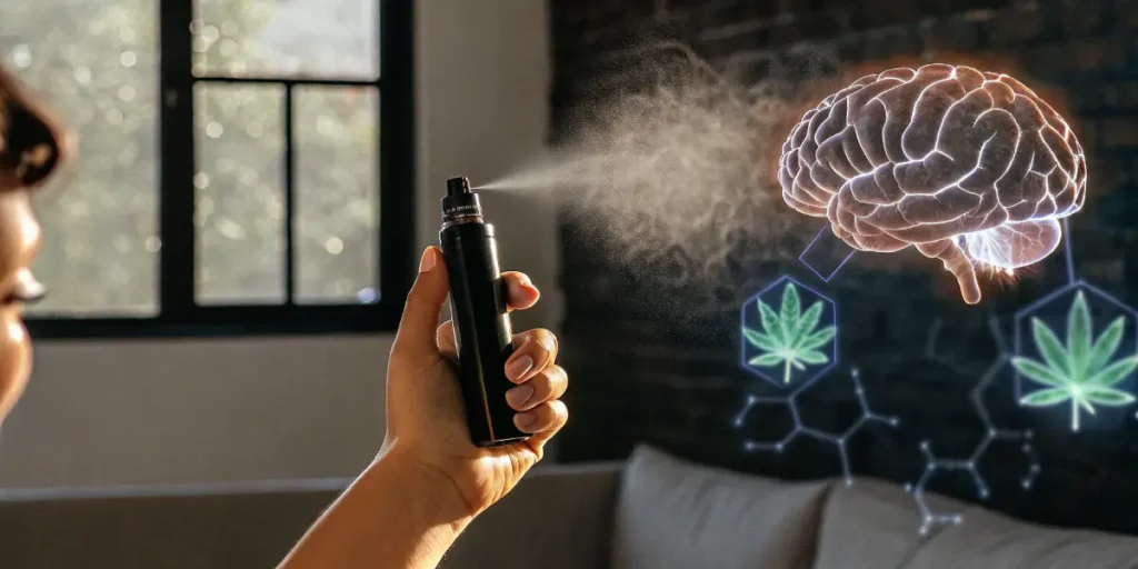 Hyper-realistic illustration showing a person spraying a bottle, with a glowing human brain and cannabis leaf icons on chemical structures, linking to the mind.