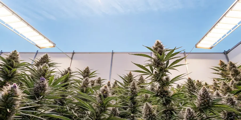 Lush indoor cannabis plants with dense buds under bright grow lights and visible blue sky.