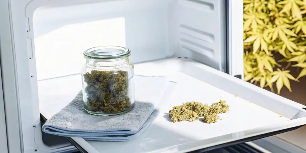 Glass jar of cannabis buds on a gray towel and loose buds on a white tray, inside an open white oven.