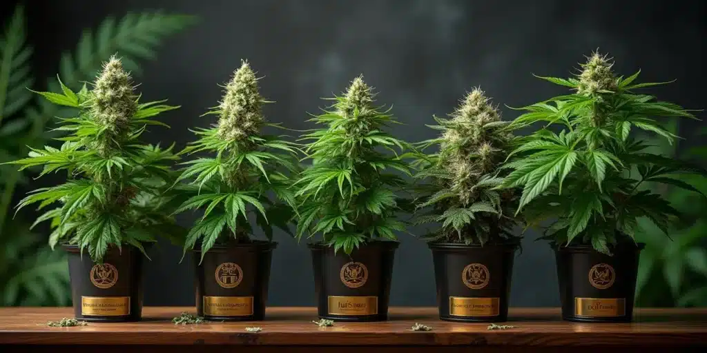Five potted cannabis plants with dense buds lined on a wooden surface, dark background.