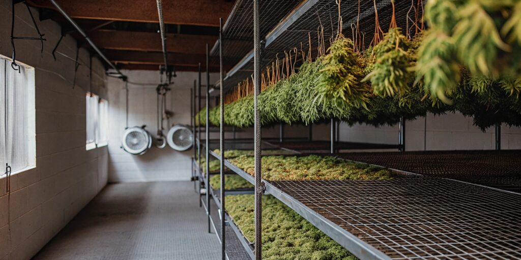 Hyper-realistic image of a professional cannabis drying warehouse with hanging plants and tiered drying racks filled with buds.