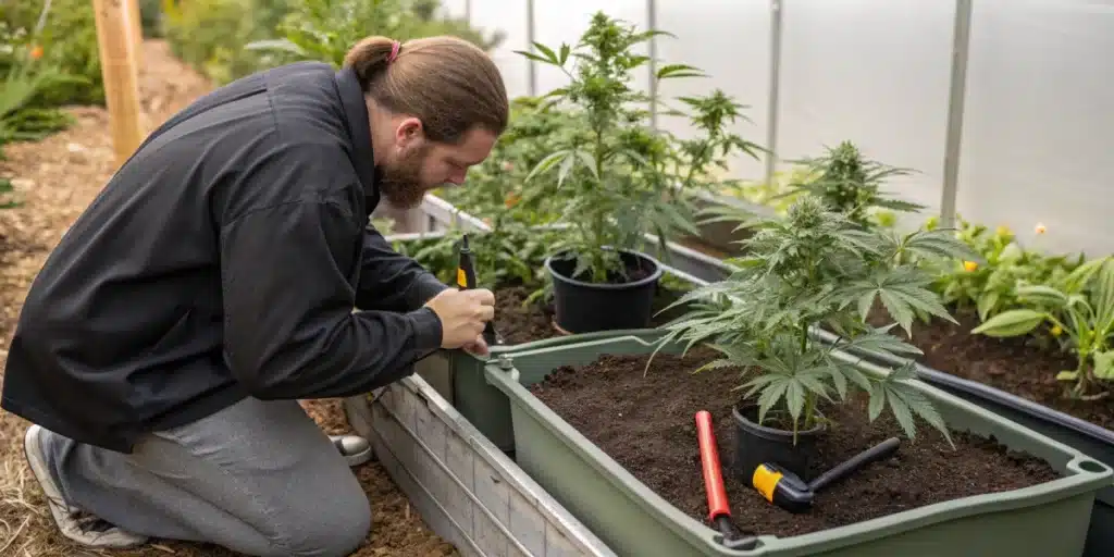 Grower inspecting a Cheesecake Autoflower plant in a small garden setup with labeled plants and tools.