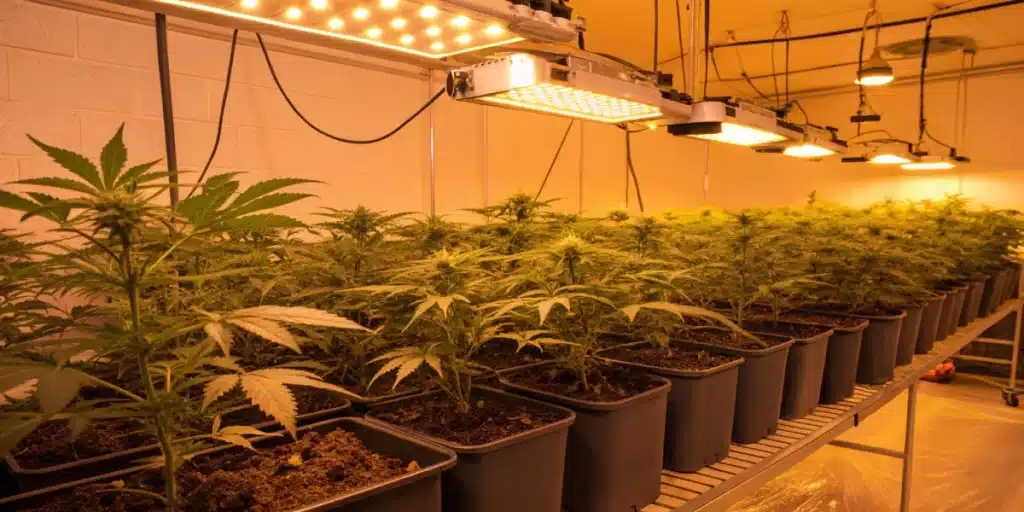 Indoor scene with compact Cheesecake Autoflower plants under warm LED lighting and hydroponic equipment.