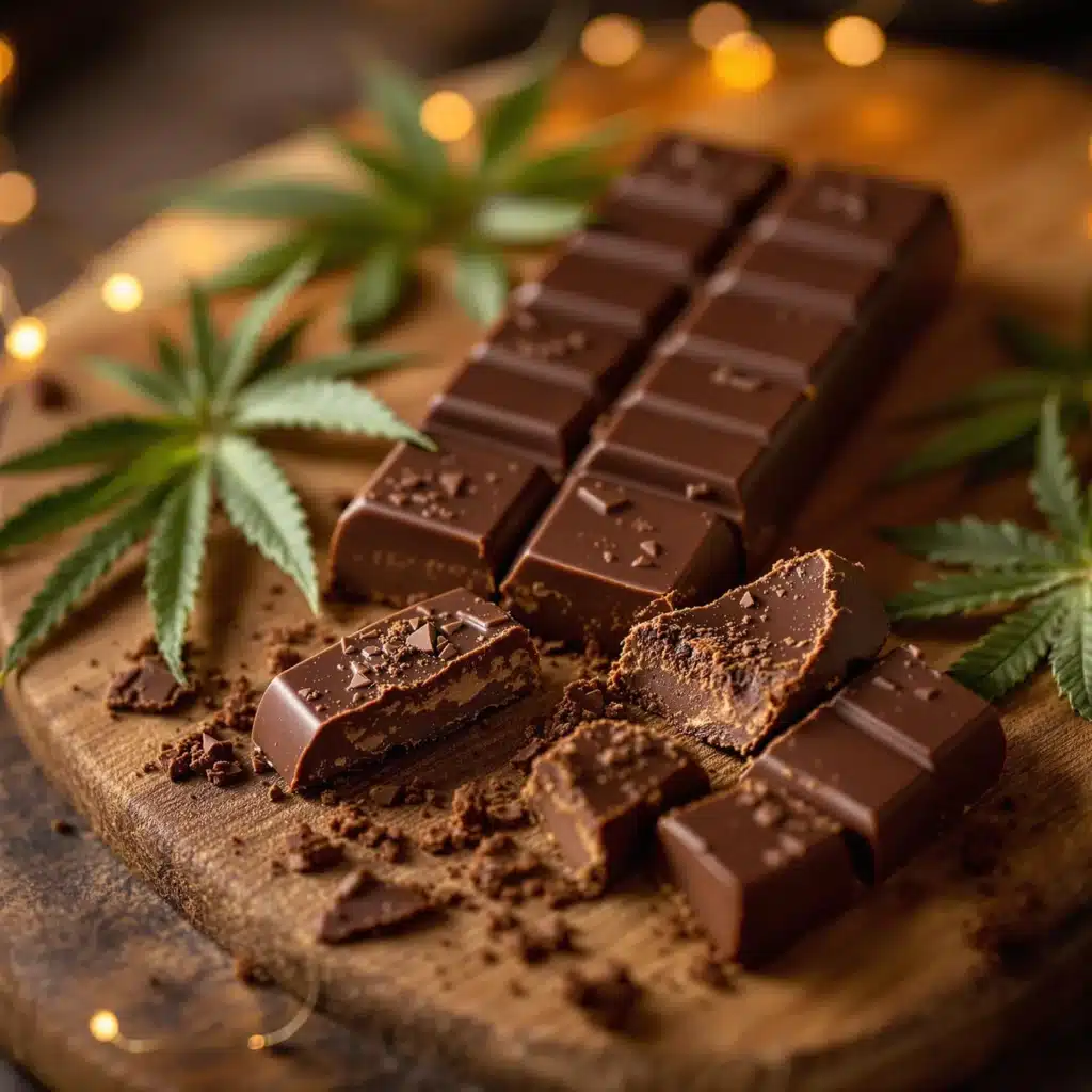 Close-up of a gourmet chocolate bar weed with broken pieces showing rich texture.