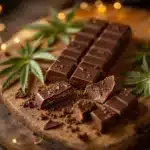 Close-up of a gourmet chocolate bar weed with broken pieces showing rich texture.