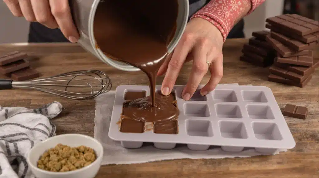 Pouring melted chocolate bar weed into a mold for homemade edibles.