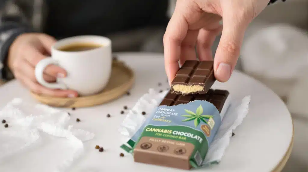 Enjoying a piece of chocolate bar weed with coffee in a cozy setting