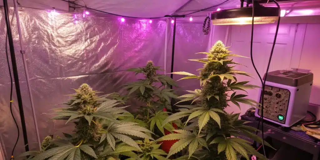 Colombian Gold cannabis plants growing indoors under LED lights