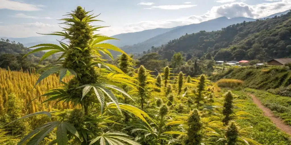 A lush outdoor cannabis plantation featuring Colombian Gold Weed plants thriving under the bright sun. The plants are tall with elongated, golden-green buds covered in trichomes. The background showcases the mountainous landscape of Santa Marta, Colombia, with a warm tropical ambiance.