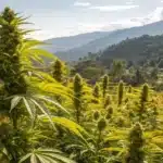 A lush outdoor cannabis plantation featuring Colombian Gold Weed plants thriving under the bright sun. The plants are tall with elongated, golden-green buds covered in trichomes. The background showcases the mountainous landscape of Santa Marta, Colombia, with a warm tropical ambiance.