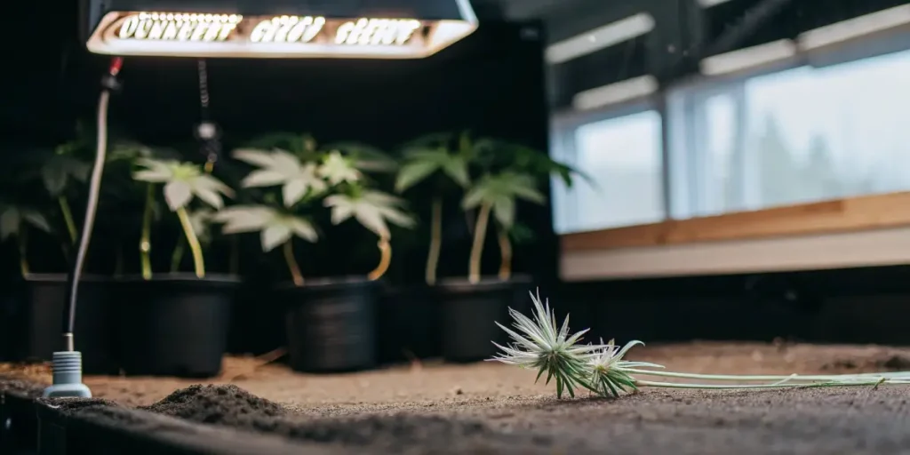 Hyper-realistic indoor grow setup with two young potted plants, a soil mound, a wooden stick, and a discarded pot on a dirt surface under a bright light.