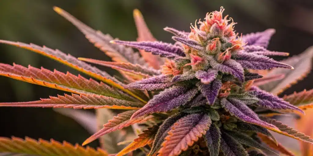 Close-up of a mature Florida Sunrise Auto bud with vibrant hues and dense resin.