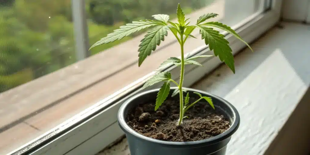 Florida Sunrise Auto seedling growing in a pot on a bright windowsill during early development.