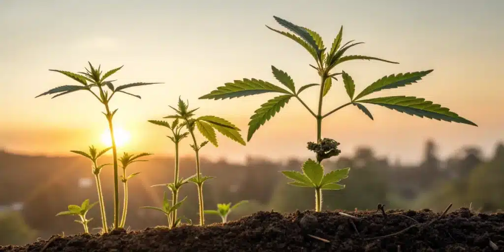 Time-lapse collage showing Florida Sunrise Auto growth stages from seedling to full bloom.