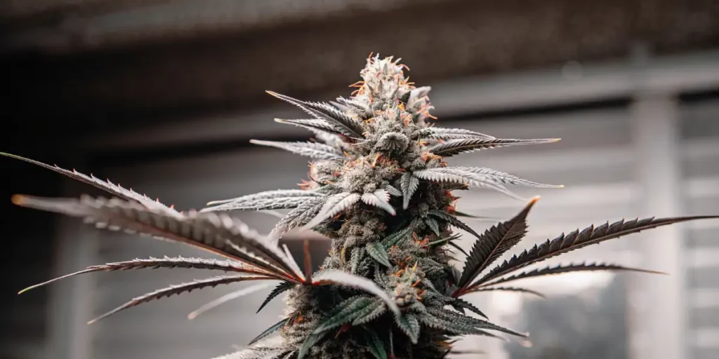 Frosted cannabis bud with vibrant green leaves and orange pistils against a blurred background.