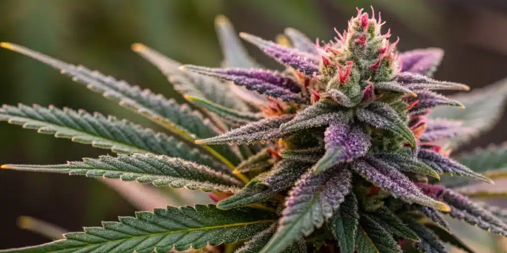 Close-up of a mature Gary Payton x Honey bud with dense resin and vibrant hues.