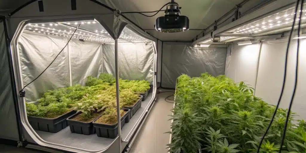 Wide-angle view of a grow tent featuring Gary Payton x Honey plants in different growth phases.