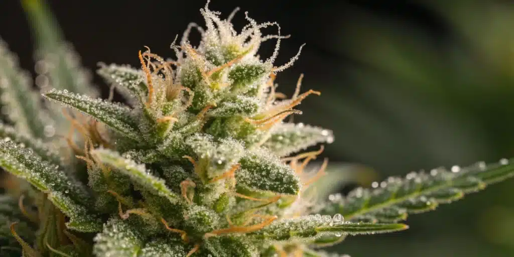 Macro view of a Gorilla Glue bud with detailed sticky resin and intricate trichomes.