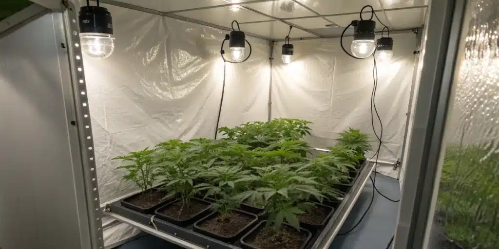 Modern grow tent with Gorilla Glue Regular plants under high-intensity LED lights and active ventilation.