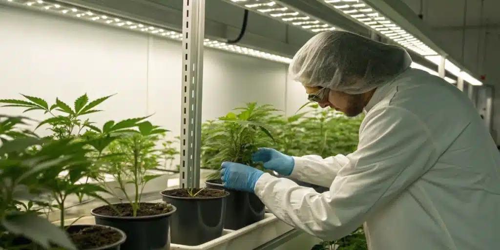 A behind-the-scenes process photo showing a grower mixing nutrients beside Gorilla Glue plants in a controlled lab-like setting.