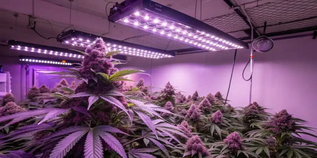 An indoor cultivation room showcasing Grand Daddy Purple Fast Version cannabis plants under bright LED lighting, with vibrant purple hues and dense, frosty buds.