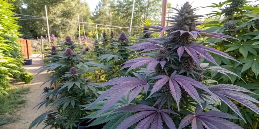 An outdoor cannabis garden featuring mature Grand Daddy Purple Fast Version plants thriving in natural sunlight, highlighting their distinctive purple leaves and rapid growth.