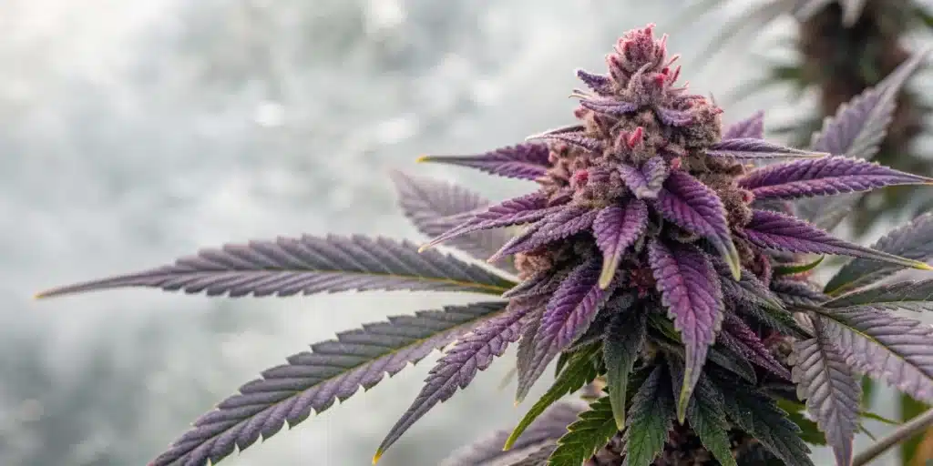 Close-up of a Grandaddy Purple Regular bud showcasing deep purple colors and frosty trichomes.