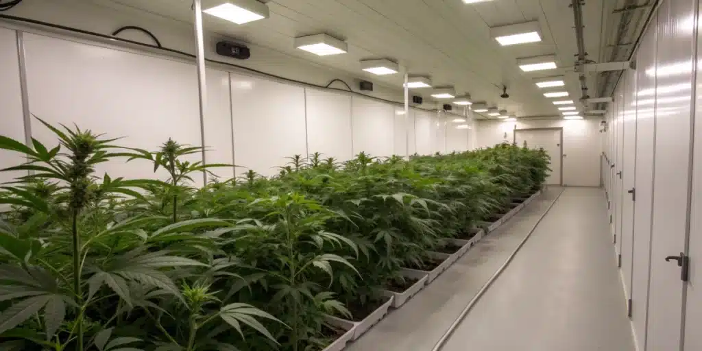 Indoor grow room with Grandaddy Purple plants on shelves, ambient lighting, and a visible nutrient station.