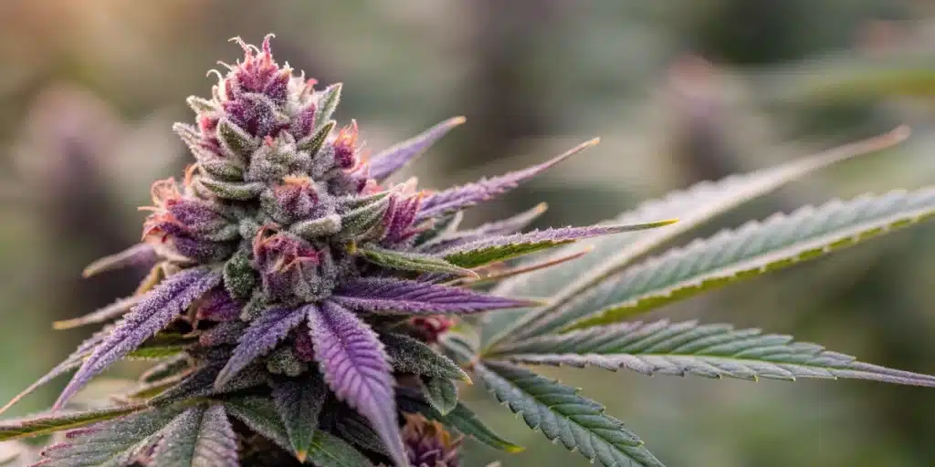 Grower in protective gear tending to a Grandaddy Purple plant in a greenhouse, illustrating hands-on cultivation.