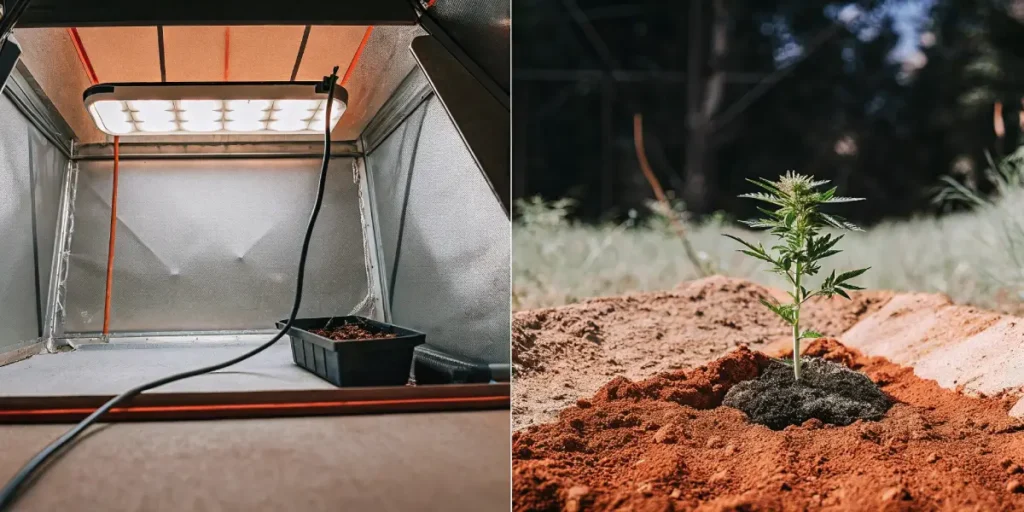 Split image: small cannabis plant in a black pot in a reflective grow box, and another cannabis plant in red soil outdoors.
