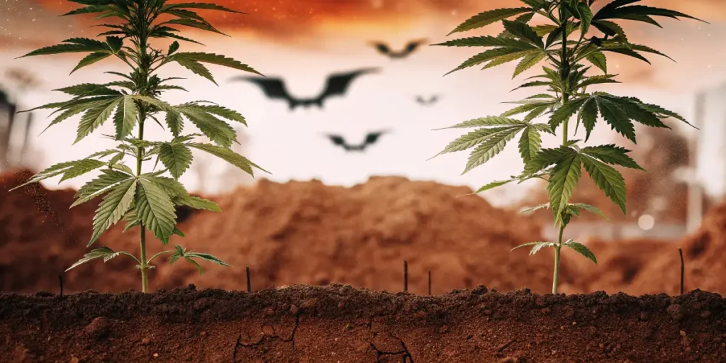 Plants growing in earth beside a trench, with bats flying against a light sky, creating a dramatic outdoor scene.