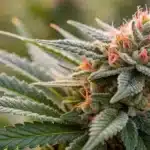 Close-up of a vibrant Gush Mints S1 cannabis bud with orange pistils and trichomes.