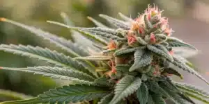 Close-up of a vibrant Gush Mints S1 cannabis bud with orange pistils and trichomes.