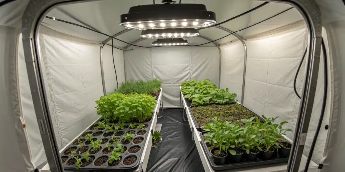 Indoor cannabis grow tent with young Gush Mints S1 plants under LED lights on long tables.