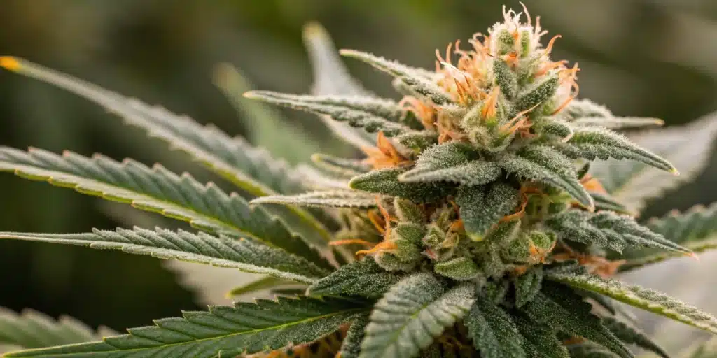 Close-up view of a mature Gush Mintz x Honey Drop bud with abundant resin and vivid colors.