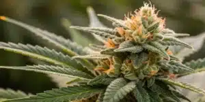 Close-up view of a mature Gush Mintz x Honey Drop bud with abundant resin and vivid colors.