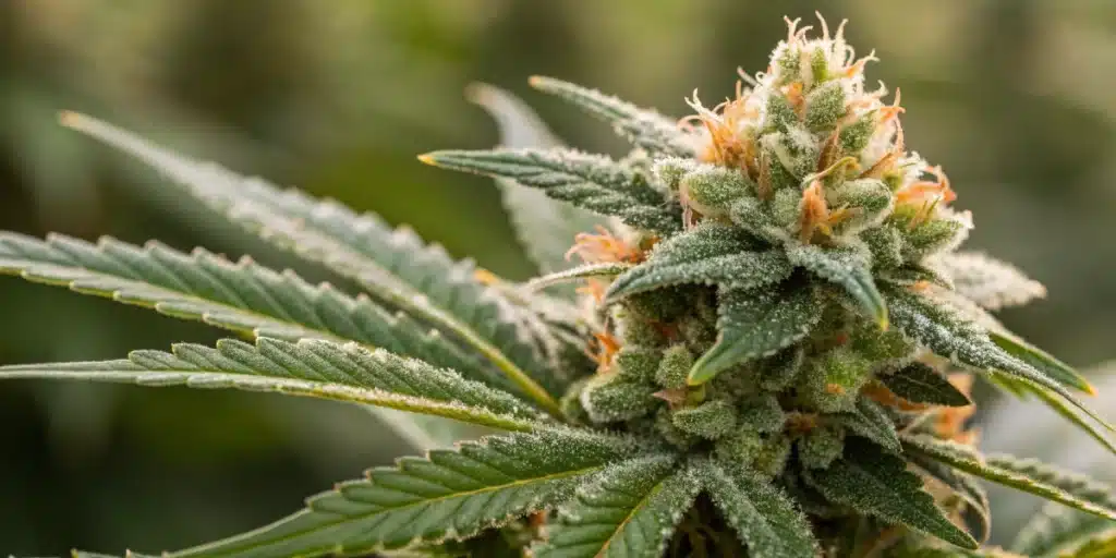 Macro shot of a mature Gush Mintz x Honey Drop bud showcasing thick resin and vivid hues.