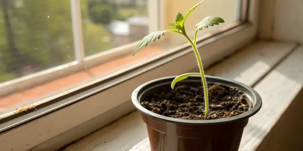 Close-up of a young Gush Mintz x Honey Drop seedling sprouting in a small pot with fresh green leaves.
